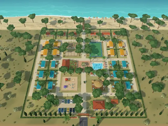 Maquette Domaine Cigalou : le plan 3D d'un camping en bord de mer, vu du ciel